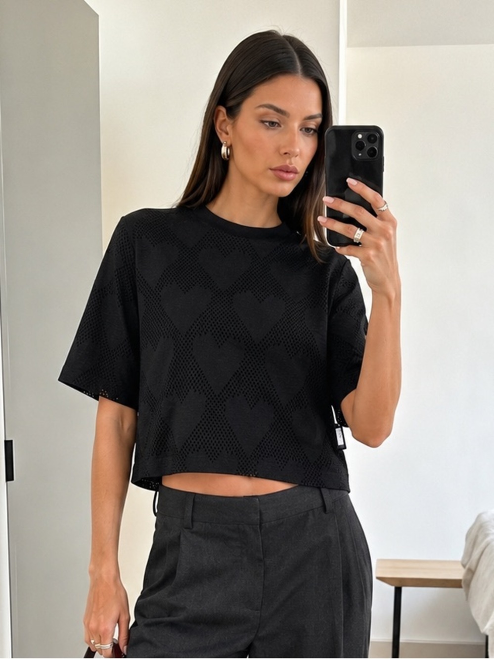Love Moschino Black Mesh Heart Cropped T-Shirt Short Sleeve Tee Size S NWT